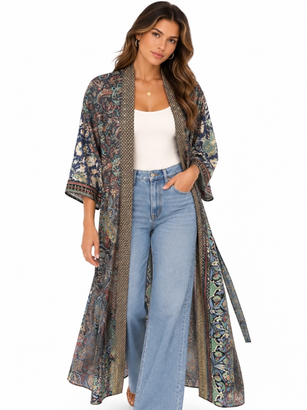 Karma Highway Boho Blue Floral Paisley Patchwork Robe Duster Kimono One Size